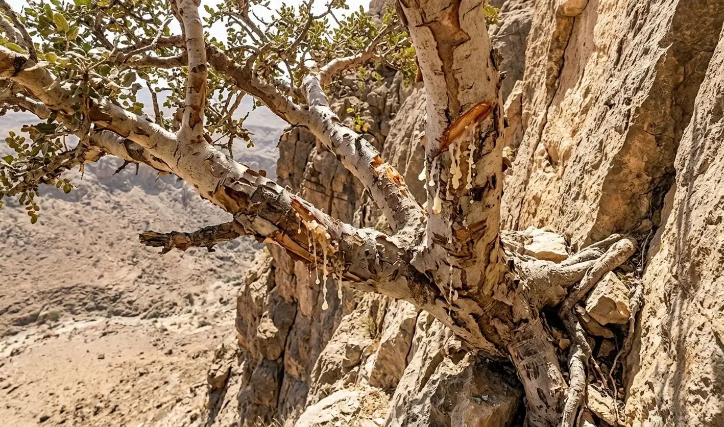 Wild Boswellia frankincense tree growing from rocky cliff face with fresh resin dripping from the bark, showing the natural harvesting environment in arid terrain