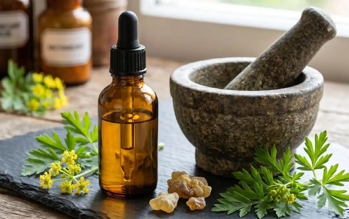 Amber dropper bottle of galbanum essential oil on dark slate beside a stone mortar and pestle, surrounded by fresh herb sprigs and resin pieces in a natural light apothecary setting