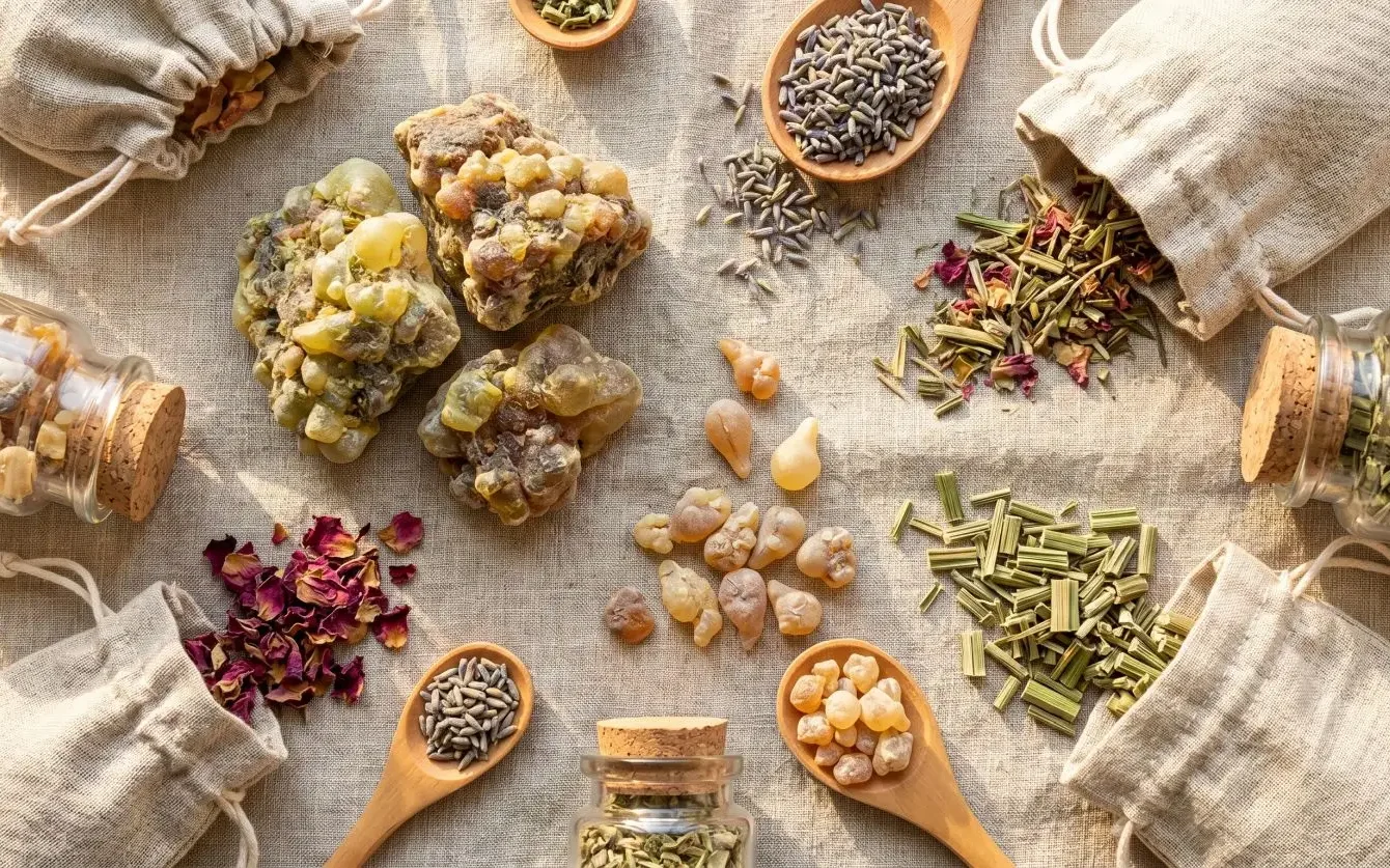 Raw galbanum resin chunks alongside frankincense, lavender, rose petals, and dried herbs laid out on natural linen with cork-stoppered glass jars, showing traditional botanical ingredients