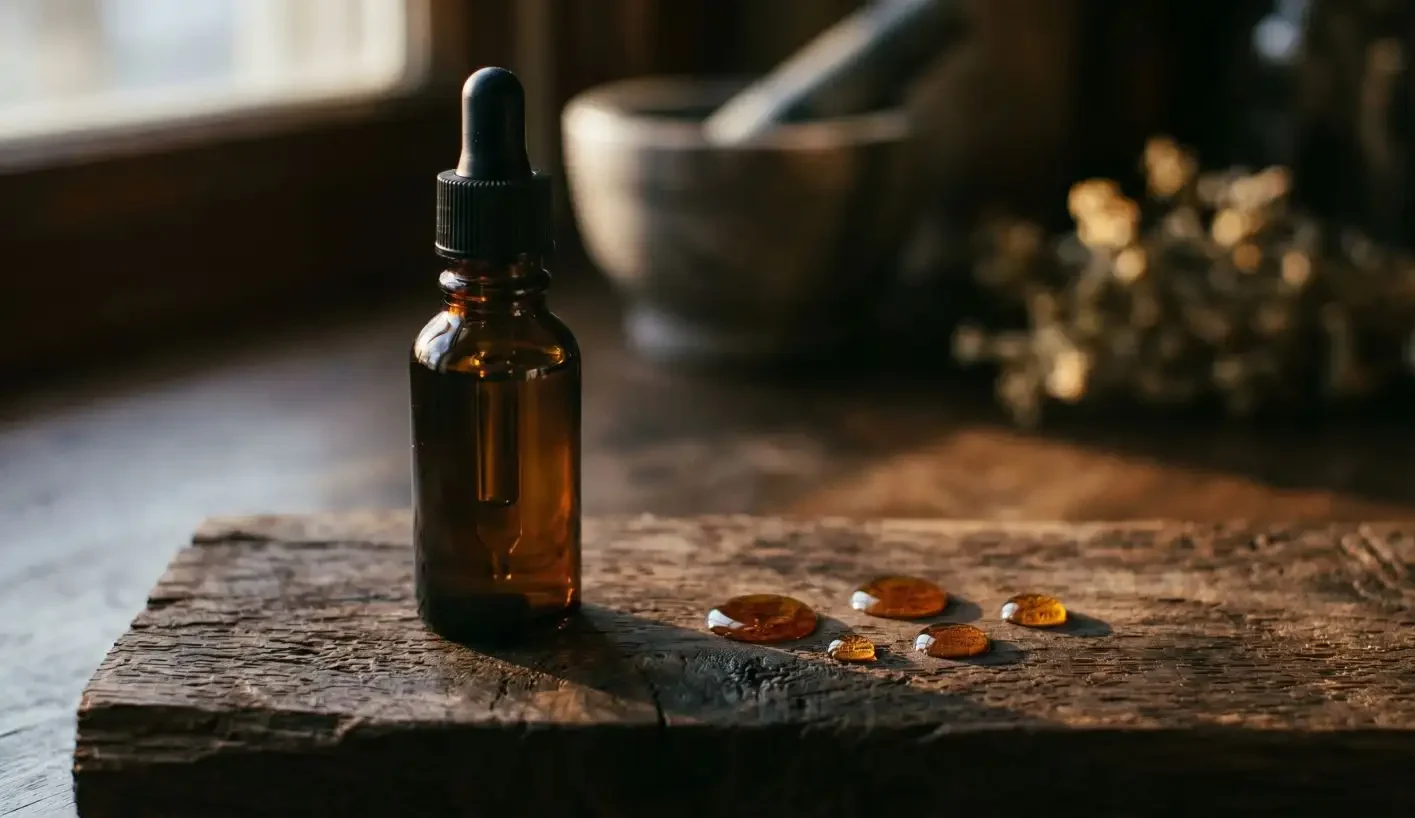 Amber dropper bottle of spikenard essential oil on aged wood with mortar and pestle in background