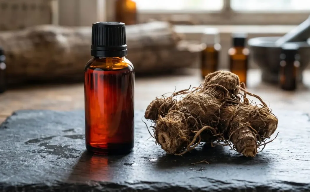 Dried spikenard root alongside an amber oil bottle on dark slate, illustrating the plant-to-product process