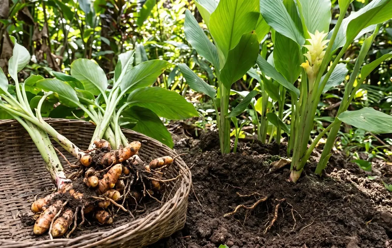 Freshly harvested turmeric rhizomes with soil still attached in a wicker basket, with turmeric plants growing in rich garden soil in the background