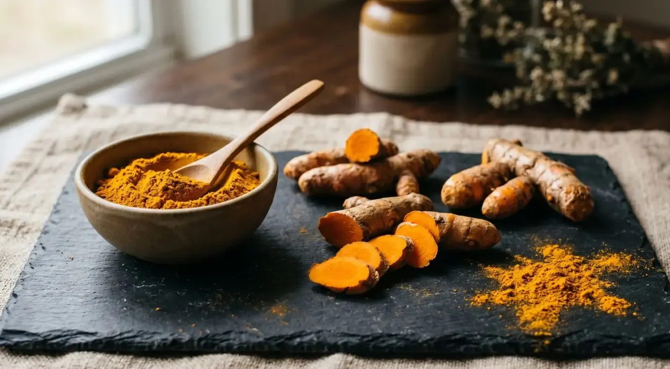 Fresh sliced turmeric root showing vivid orange flesh alongside a ceramic bowl of turmeric powder on dark slate, with scattered powder and natural window light