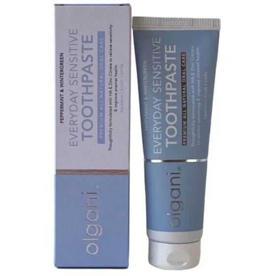 Olgani Naturals Everyday Sensitive Toothpaste 75ml — peppermint and wintergreen natural toothpaste with hyaluronic acid and zinc citrate for sensitive teeth, available at Toeka