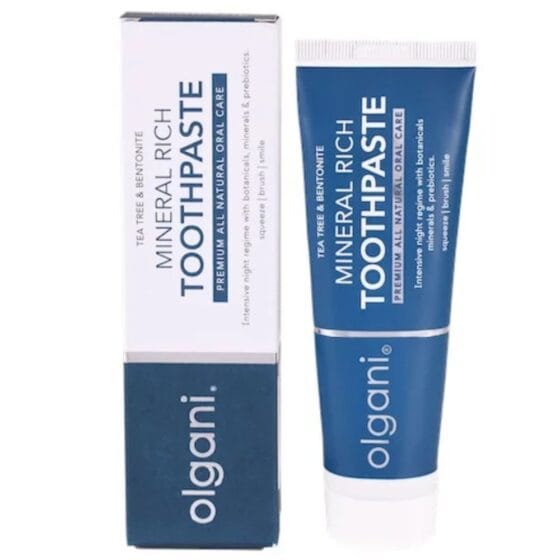 Olgani Naturals Mineral Rich Toothpaste 75ml — tea tree and bentonite natural night toothpaste with minerals and prebiotics, available at Toeka