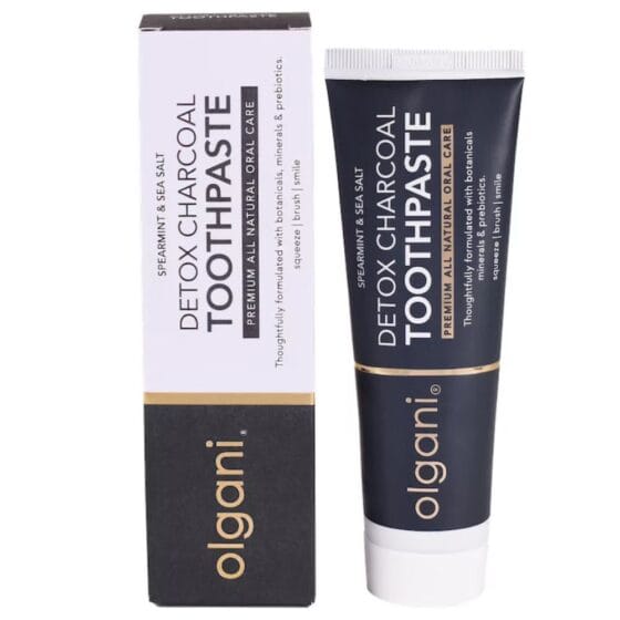 Olgani Naturals Detox Charcoal Toothpaste 75ml — spearmint and sea salt activated charcoal toothpaste for natural whitening, available at Toeka
