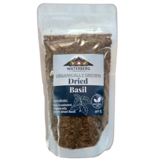 Waterberg Organics Organically Grown Dried Basil 40g — non-irradiated pure dried basil available at Toeka South Africa