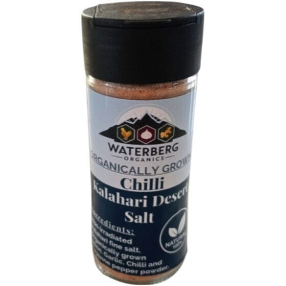 Waterberg Organics Chilli Garlic and Onion Kalahari Desert Salt shaker 75g — organically grown spice blend with natural Kalahari salt, available at Toeka South Africa