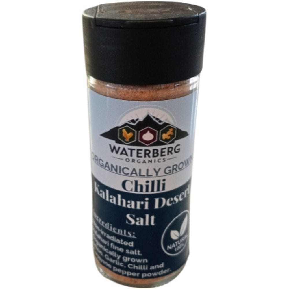 Waterberg Organics Chilli Garlic and Onion Kalahari Desert Salt shaker 75g — organically grown spice blend with natural Kalahari salt, available at Toeka South Africa