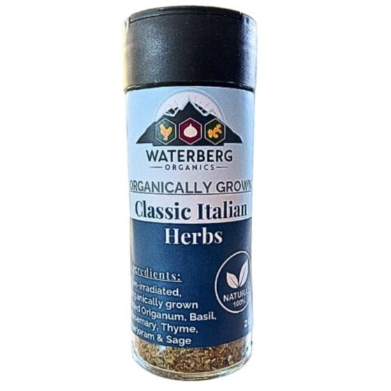 Waterberg Organics Classic Italian Herb Mix shaker 20g — organically grown blend of origanum, basil, rosemary, thyme, marjoram and sage, available at Toeka