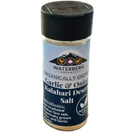 Waterberg Organics Garlic and Onion Kalahari Desert Salt shaker 75g — organically grown garlic and onion blended with natural Kalahari salt, available at Toeka South Africa