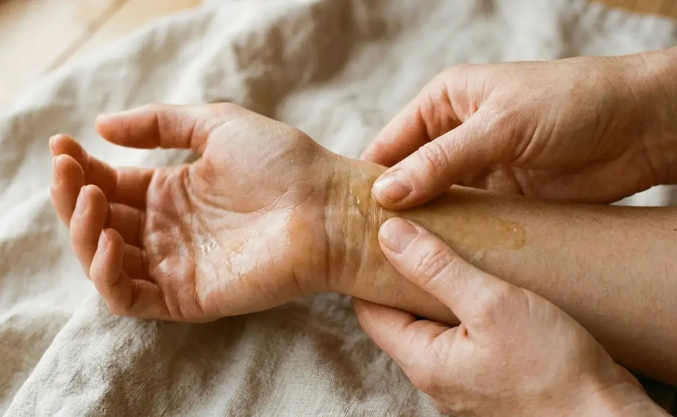 Hands massaging Kings-Oil Wonder Oil into the wrist and palm, showing how the natural herbal oil is applied to skin for relief