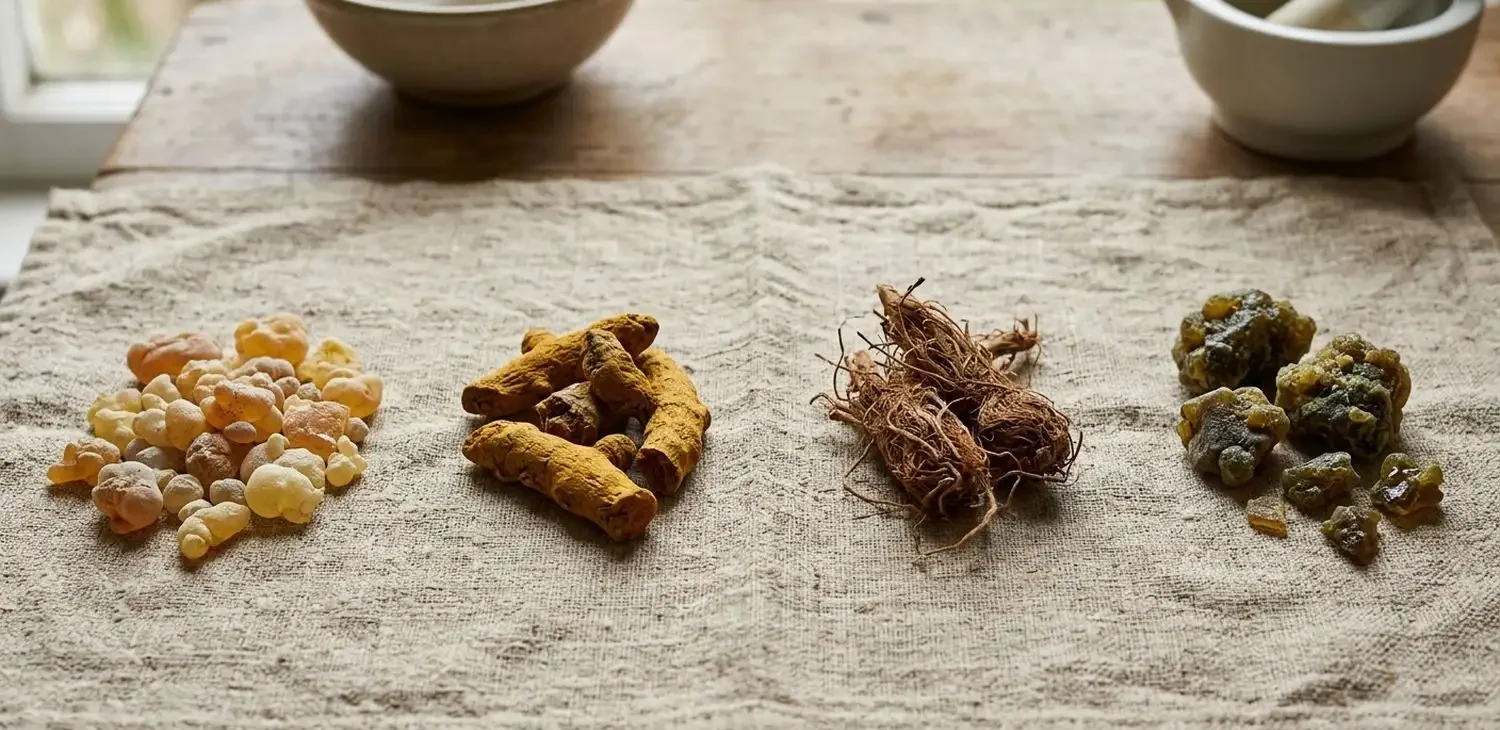 Four raw botanical ingredients laid out on natural linen — frankincense resin, turmeric root, spikenard root, and galbanum resin — the key components of Kings-Oil Wonder Oil