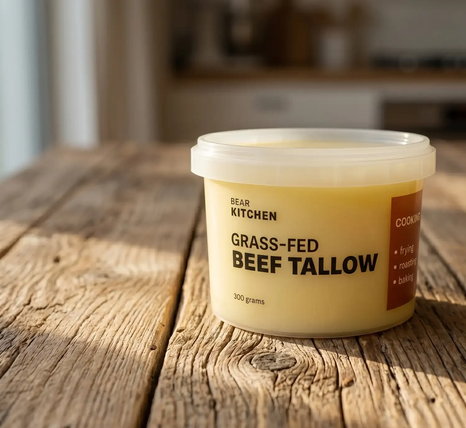 Bear Kitchen grass-fed beef tallow in a 300g tub on a rustic wooden kitchen table, suitable for frying, roasting and baking