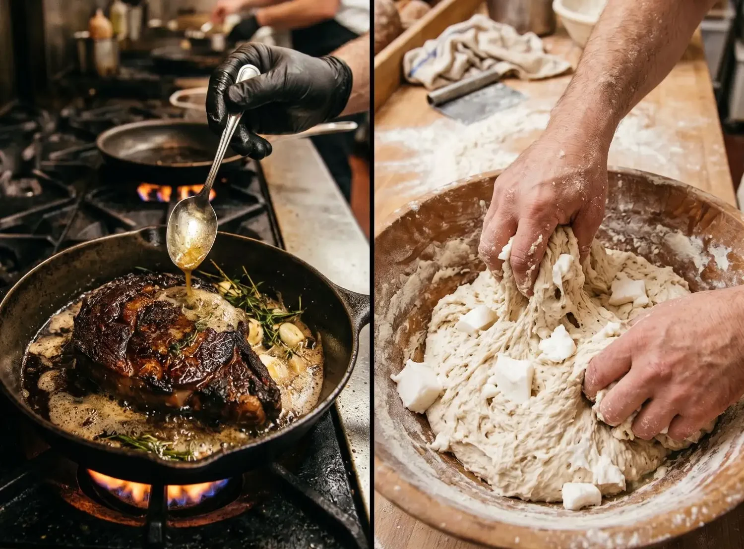 Split image showing a chef basting a seared ribeye steak with fat in a cast iron pan over an open gas flame on the left, and hands kneading lard-enriched dough in a large wooden bowl in a bakery kitchen on the right