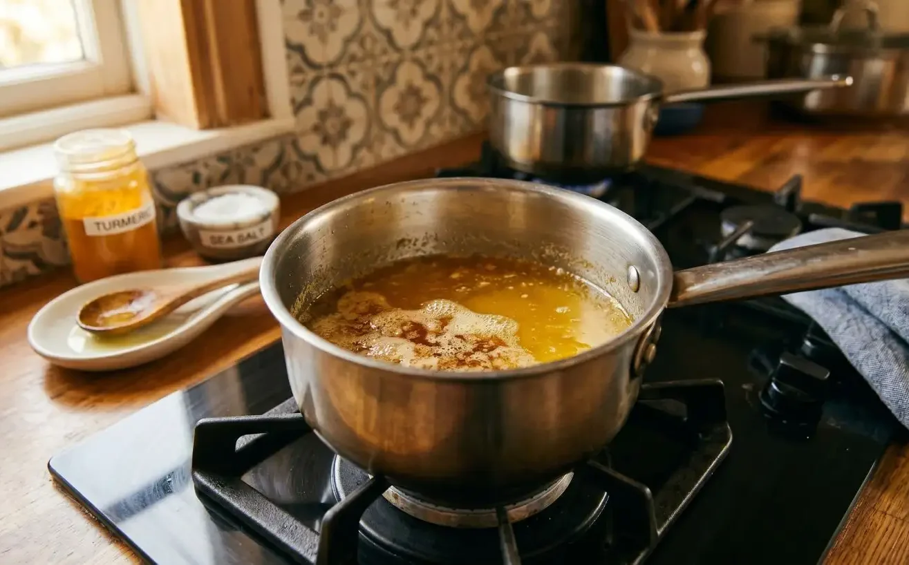Golden ghee melting and clarifying in a stainless steel saucepan on a gas stove, with a turmeric jar and sea salt dish visible on the kitchen counter in the background