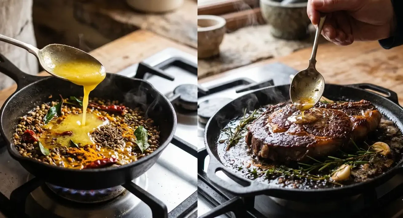 Split image showing golden ghee being poured into a cast iron pan with whole spices and herbs for sauce making on the left, and beef tallow being spooned over a sizzling steak in a cast iron pan on the right