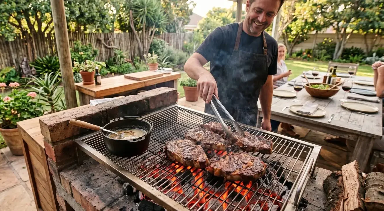 Man using tongs to braai large beef steaks over open coals on a brick braai, with a cast iron pan alongside and guests seated at an outdoor table in a lush garden